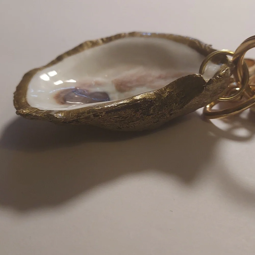 Oyster Shell Keychain Purse Charm With Leather Tassel Gold and White Coastal